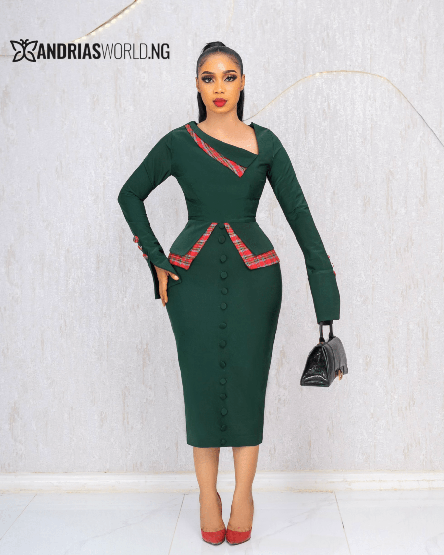 GREEN BUTTON DRESS WITH RED CHECK DETAILS